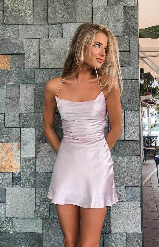 Sexy light pink satin homecoming dresses,cheap mini prom dresses     fg551