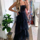 Elegant A-line Layered Tulle Black Prom Dress,Sheer Corset Long Evening Dress,Graduation Dress       fg553