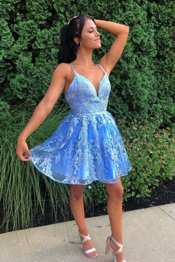 Lace-Up Sequined Sky Blue Homecoming Dress with Flowers      fg555