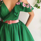Green Satin Flower High Split Side Cold Shoulder Appliques Formal Gowns      fg571