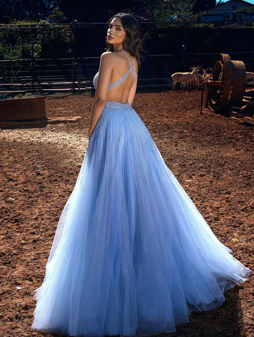 BLUE HALTER BEADINGS LONG PROM DRESS TULLE EVENING PARTY GOWNS     fg606