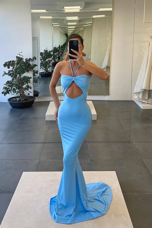 Halter Blue Strapless Mermaid Evening Dress With Sleeveless     fg628