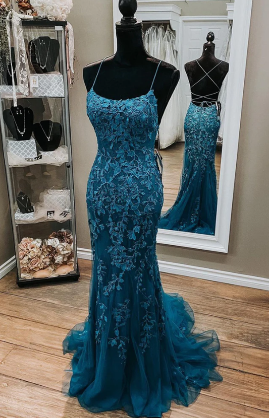 Backless Mermaid Dark Teal Lace Long Prom Dress, Mermaid Teal Lace Long Formal Evening Dress     fg679