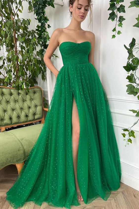 Amazing Strapless Green Tulle Evening Party Gowns Long With Slit       fg703