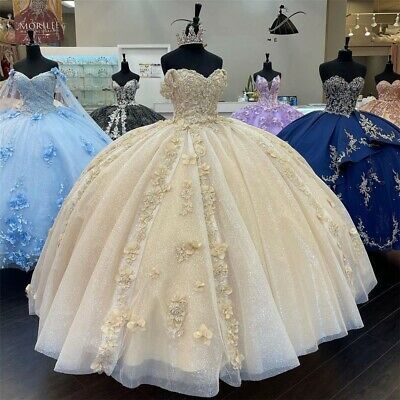 Champagne Beaded Puffy Ball Gown Quinceanera Dresses Off The Shoulder Pageant    fg715
