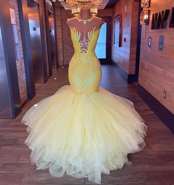 Yellow sparkly prom dresses tulle mermaid elegant modest prom gown custom make formal party dresses    fg717