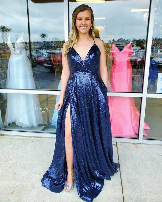 Straps Navy Blue Sequins Prom Dress with Slit      fg767