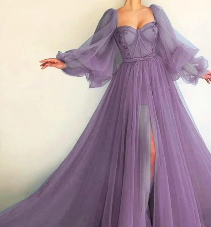Long Puffy Sleeve Tulle Backless Prom Dress    fg785