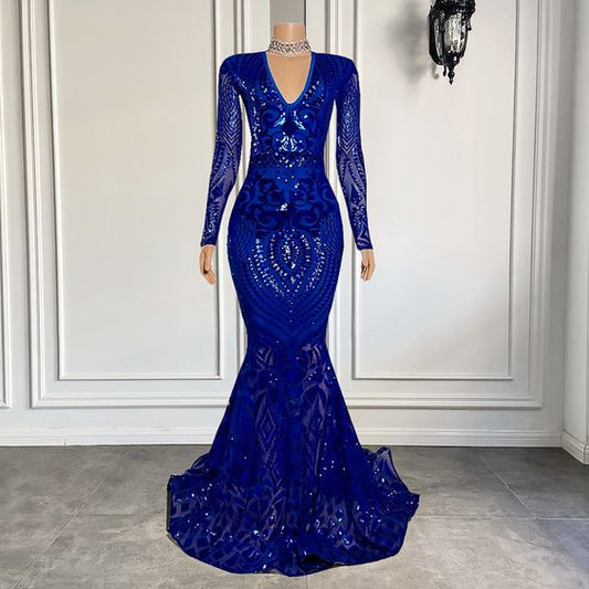 Royal Blue Prom Dresses, Lace Prom Dresses, Mermaid Prom Dresses, Long Sleeve Prom Dresses    fg786