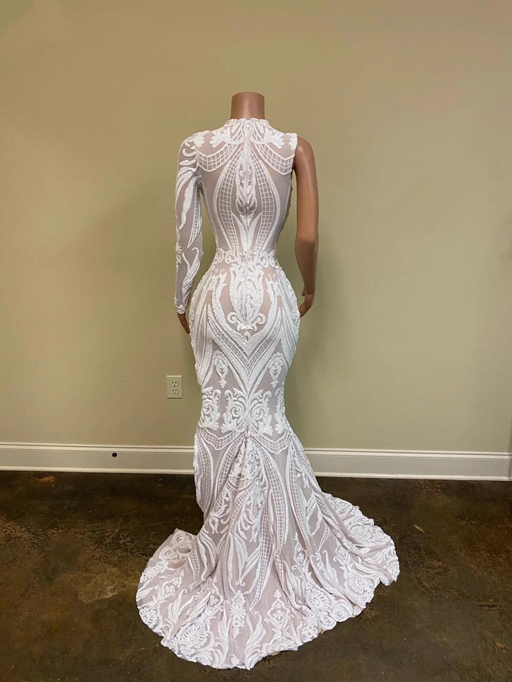 Sparkly Elegant Evening Dresses 2022 Sexy Mermaid Single Long Sleeve White Sequin African Black Girl High Slit Prom Dress     fg79
