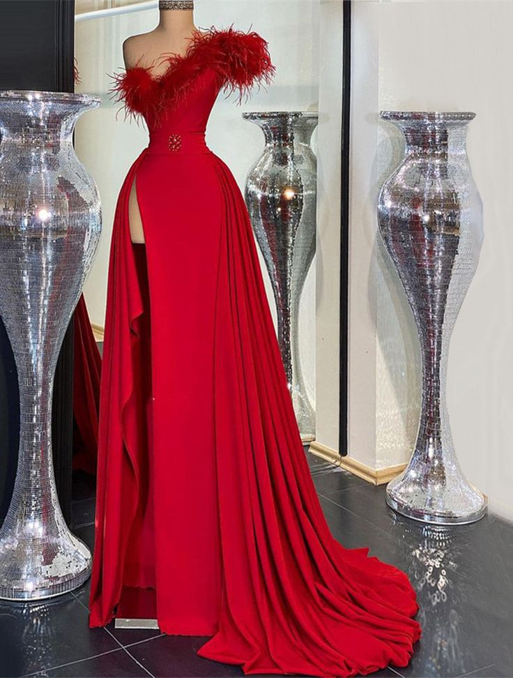 Red Prom Dresses, Feather Prom Dress, Cheap Prom Dresses, Abendkleider, Simple Prom Dresses     fg803