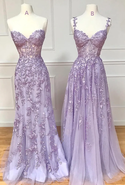Purple tulle lace long prom dress purple evening dress    fg823