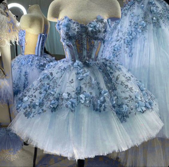 Blue Tulle Short Homecoming Dress With 3D Flowers      fg885