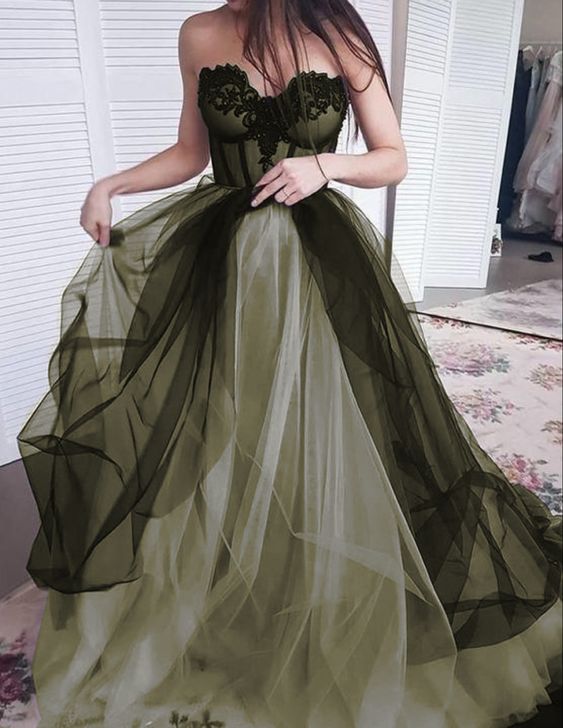 Green color sweetheart neck long prom dress, evening dress      fg937