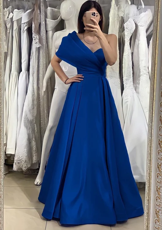 Simple One Shoulder Satin Blue Long Prom Dresses, Blue Formal Dreses      fg968